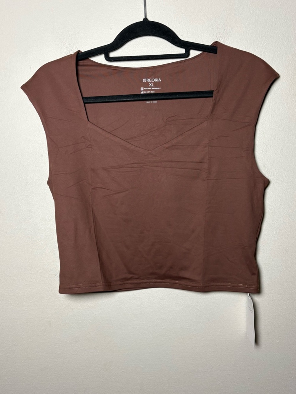 Reoria Women's Square Neck Crop Top Cap Sleeve Brown XL Spring Summer